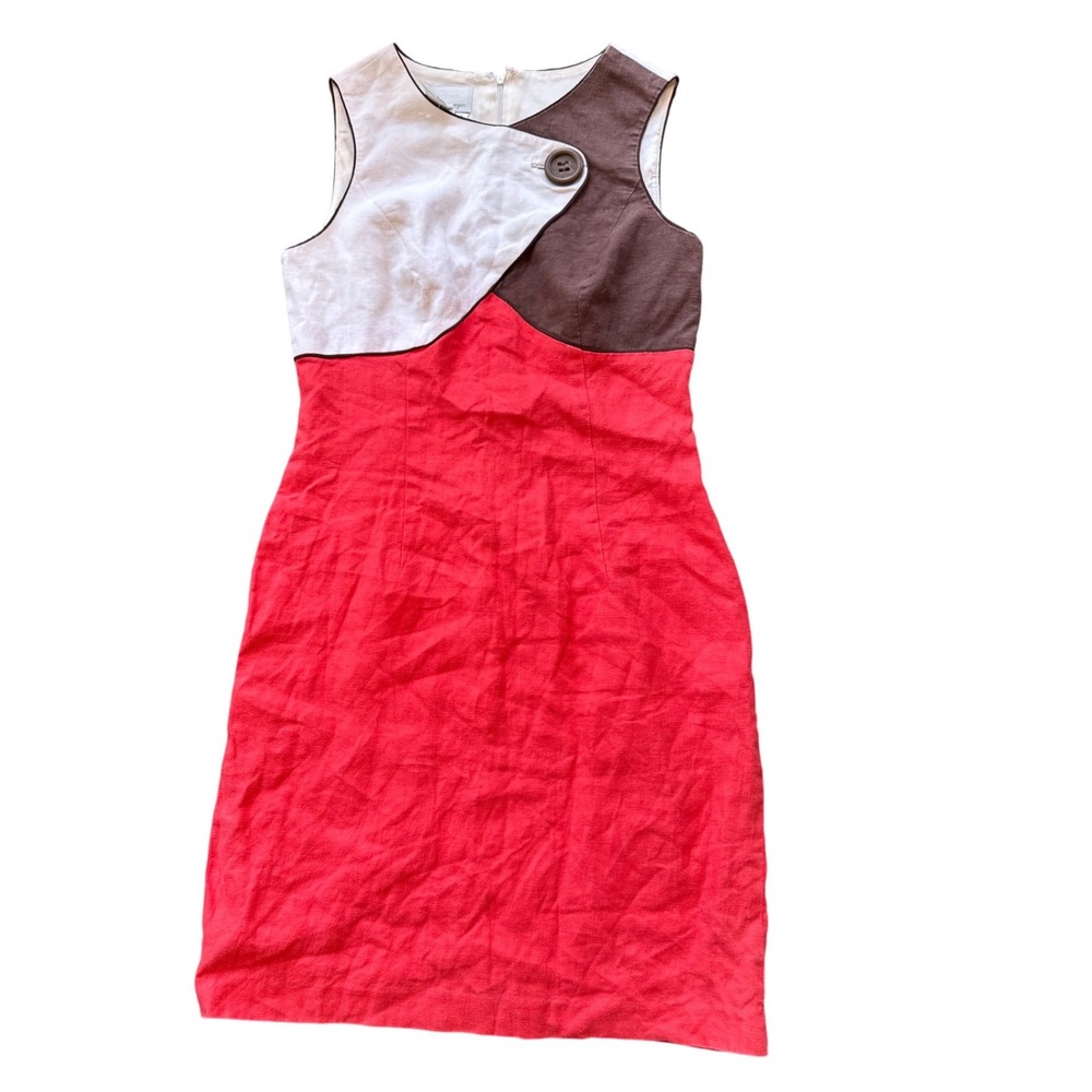 Donna Morgan Linen Colorblock Sheath Dress Red White Brown Sleeveless Size 8